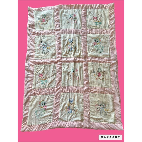 VTG Childs Quilt Pink Cross Stitched Retro Animal Theme Hand Crafted